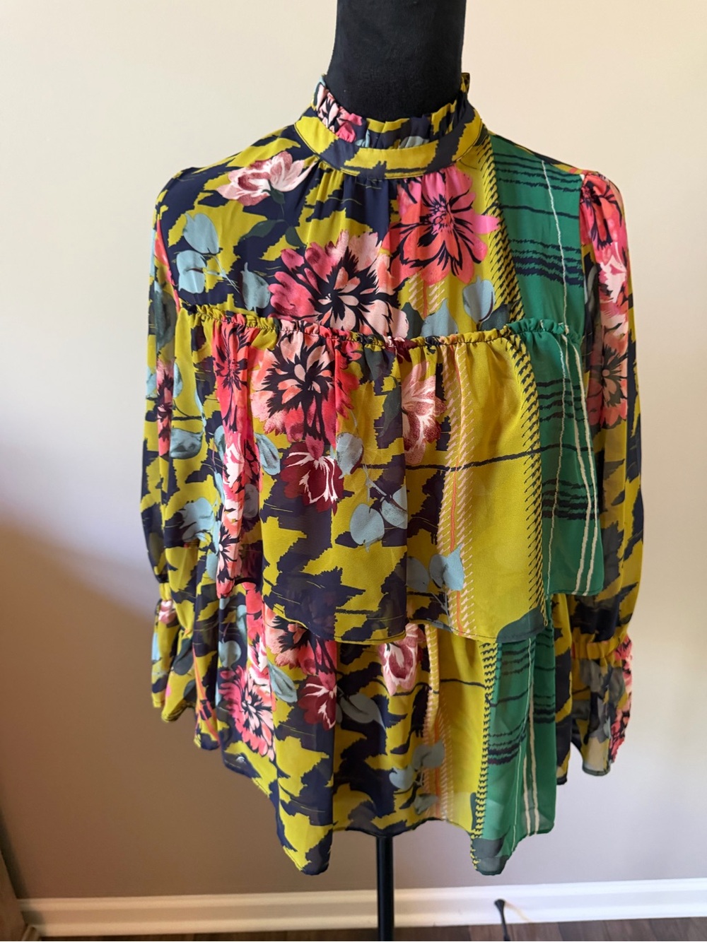 7Th Avenue Design Studio Floral Patchwork Ruffle Hem Blouse Yellow Multi Medium